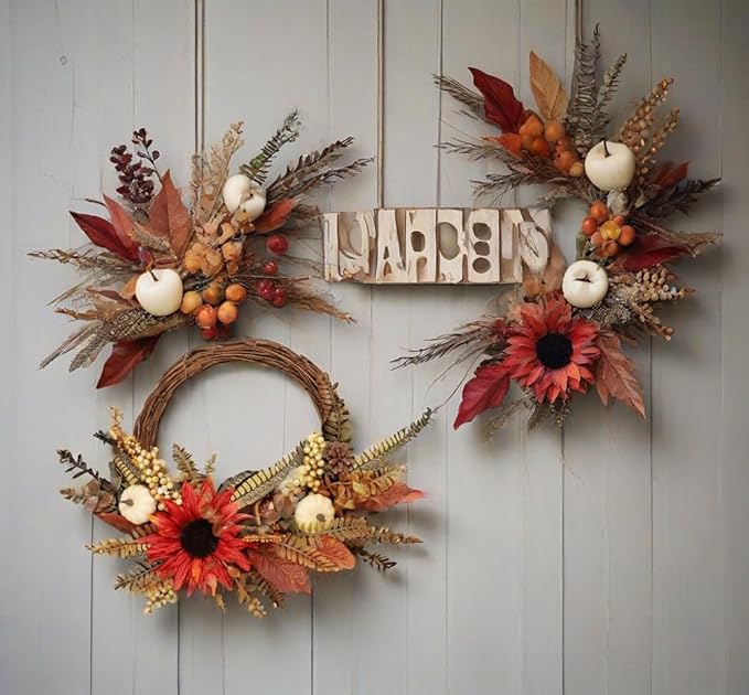 Fall Wreaths for Front Door, Autumn Wreath with Pumpkins, Berries and Leaves for Indoor Outdoor Porch Thanksgiving Farmhouse Harvest Halloween Home Décor (White Pumpkin)
