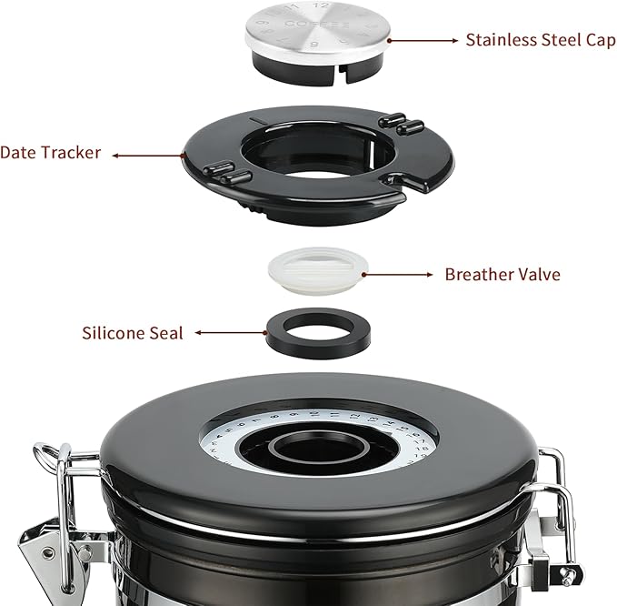 malmo Coffee Canister, Airtight Coffee Container with Date Tracker Lid, Stainless Steel Canister for Kitchen Food Storage (Black-Copper, 22oz)