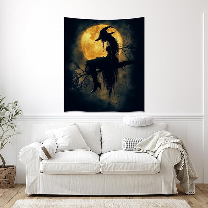 Halloween Witch Tapestry Wall Art Witchcore Moon Aesthetic Print Dark Academia Gothic Tapestries Wall Hanging Horror Ghost Halloween Party Decor for Home Living Room Bedroom 40x60inch