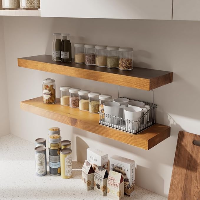 Habudda Floating Shelves, Wall Shelf for Bathroom Bedroom Kitchen, Natural Pine Real Wooden Shelves, Wall Mounted, 100% Pine, Set of 2, 30 Inches Long, Honey Oak