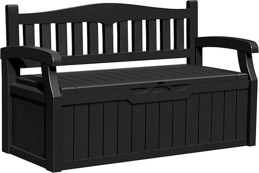 Greesum 80 Gallon Outdoor Storage Bench, Resin Patio Furniture with Armrest,Waterproof and UV-Resistant, Perfect to Garden, Poolside and Lawn, Dark Black