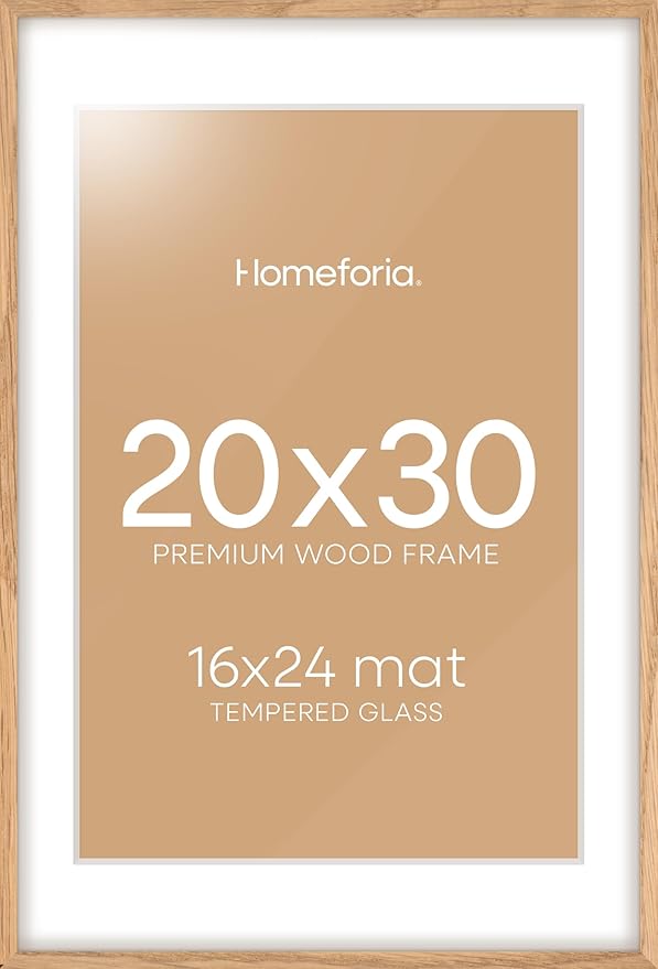 Homeforia 20x30 Picture Frame Wood, High End Natural Oak 20 x 30 Frame with Mat 16 by 24, 20x30 Light Wooden Poster Frames Matted to 16x24 Photo, 30by20 Large Frame, Tempered Glass, Wall Kit, Set of 1