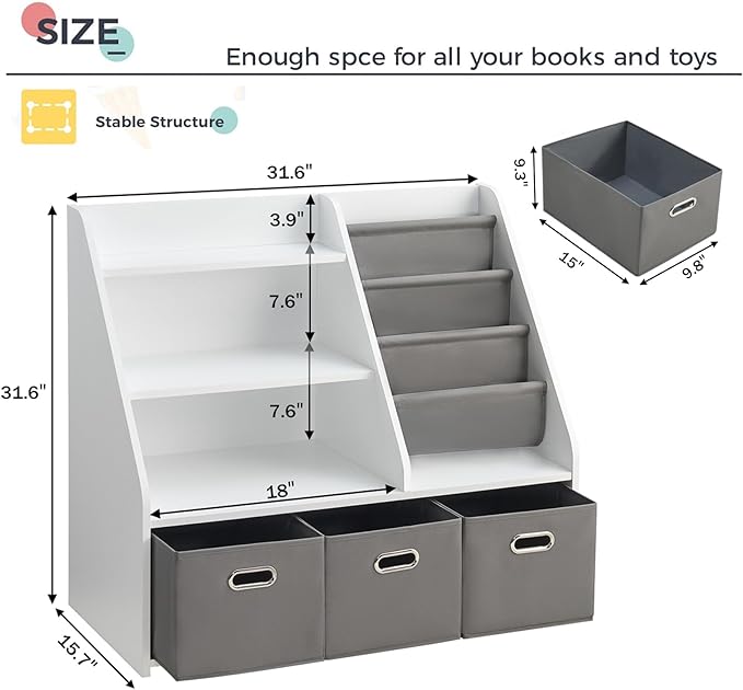 Kids Bookshelf, Kids Toy Storage Organizer with Storage Bins, Wooden Bookshelf and Book Display Shelf for Bedroom, Playroom, Nursery, Classroom, White