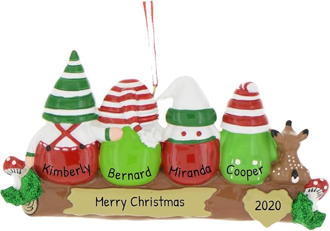 3D Gnome Family of 4 Christmas Ornament 2025 Personalized Family Christmas Ornaments 2025 | Gnomes Log Mushrooms, Deer Personalized Tree Ornaments Customizable Gifts Woodland Gnomes of Four Ornament