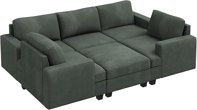 Nolany Modular Sectional Couch with Storage Ottoman, Corduroy Sleeper Sectional Sofa with Chaise, Sectional Couches for Living Room, Green