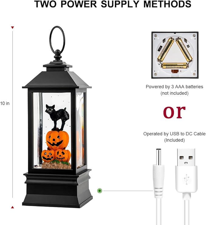 Halloween Snow Globe Lantern Water Glittering Spooky Witch' s Black Cat in Pumpkins with Music, USB Lined/Battery Operated Lighted Lantern for Halloween Festival Decoration Gifts