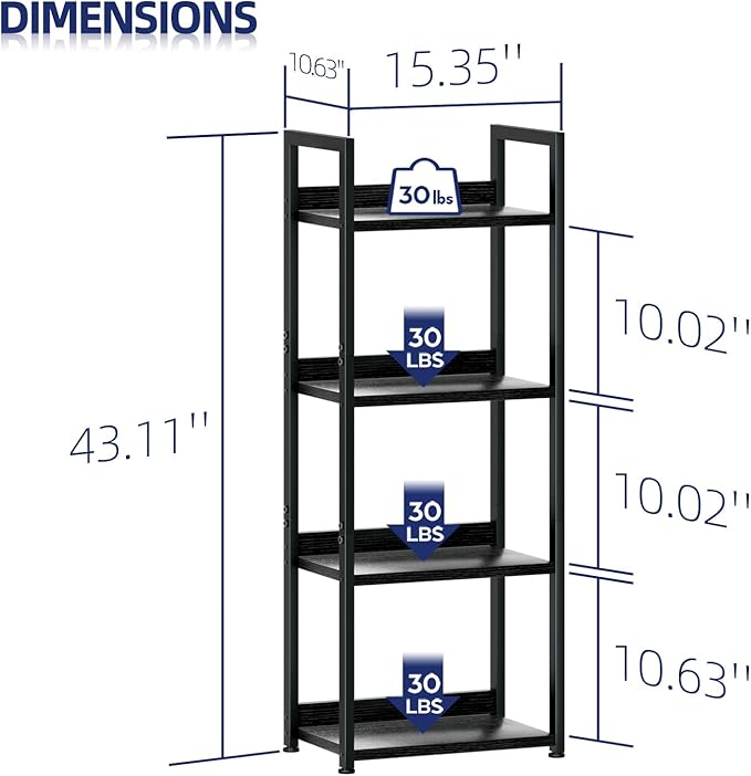 NUMENN Narrow Bookshelf, 4 Tier Bookshelves, Home Office Bookcase Shelf Storage Organizer, Free Standing Storage Shelving Unit for Bedroom, Living Room and Home Office, Black