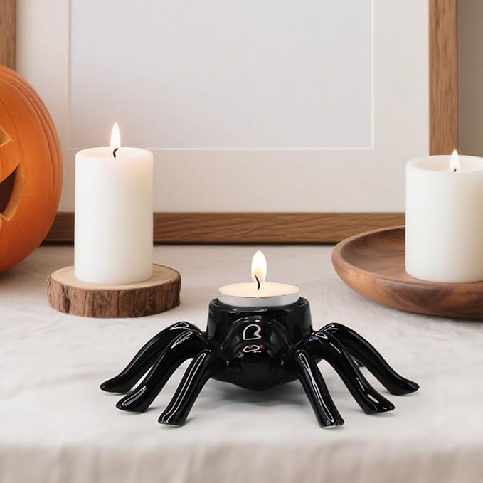 Halloween Ceramic Black Spider Candlestick Holder, Decorative Spooky Candle Stick Holder for Candles, Unique Halloween Decor Gift for Home Decoration
