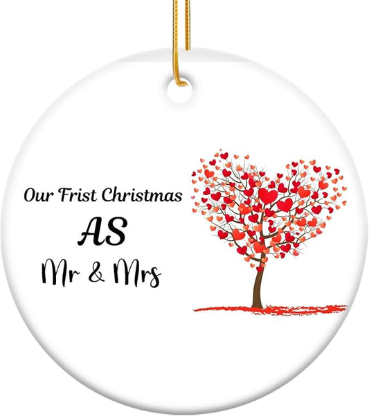 2024 First Christmas Married Ornament, Just Married Mr and Mrs Ceramic Ornament, 2.9 Round Newlywed Wedding Decoration for Couples