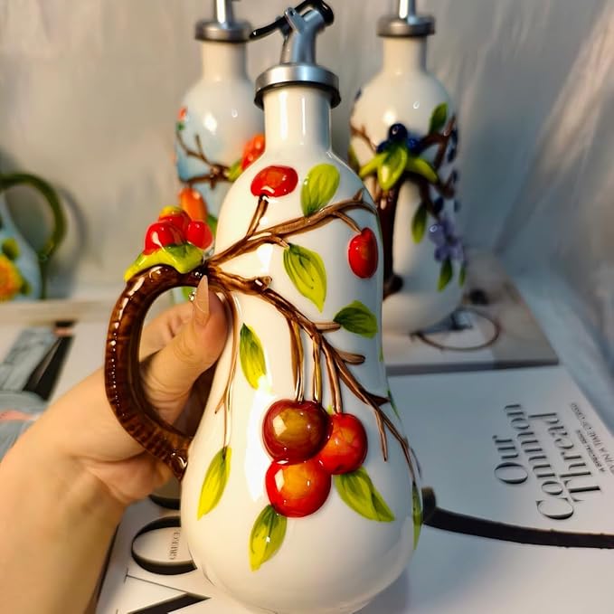 18 Oz Hand Painted Relief Ceramic Olive Oil Bottle Dispenser for Kitchen, Oil and Vinegar Bottle, Seasoning Bottle with Stainless Steel Nozzle, 540mL Oil Container with Handle for Cooking, Light Proof