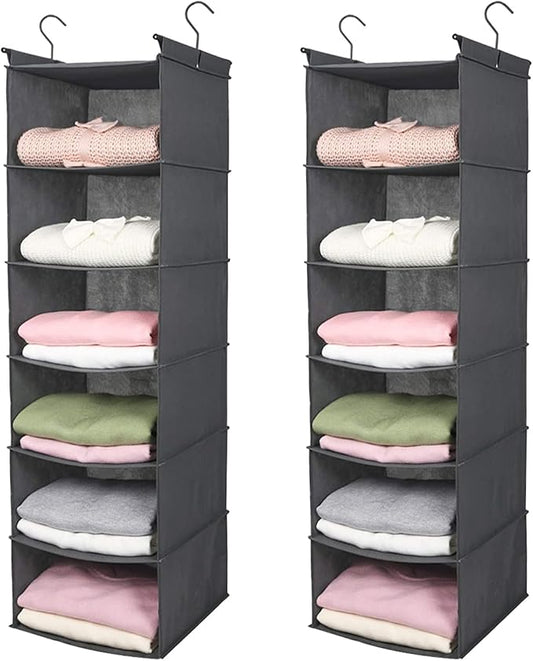 MAX Houser 6 Tier Shelf Hanging Closet Organizer, Closet Hanging Shelf with 2 Sturdy Hooks for Storage,2 Pack, Foldable (Grey)
