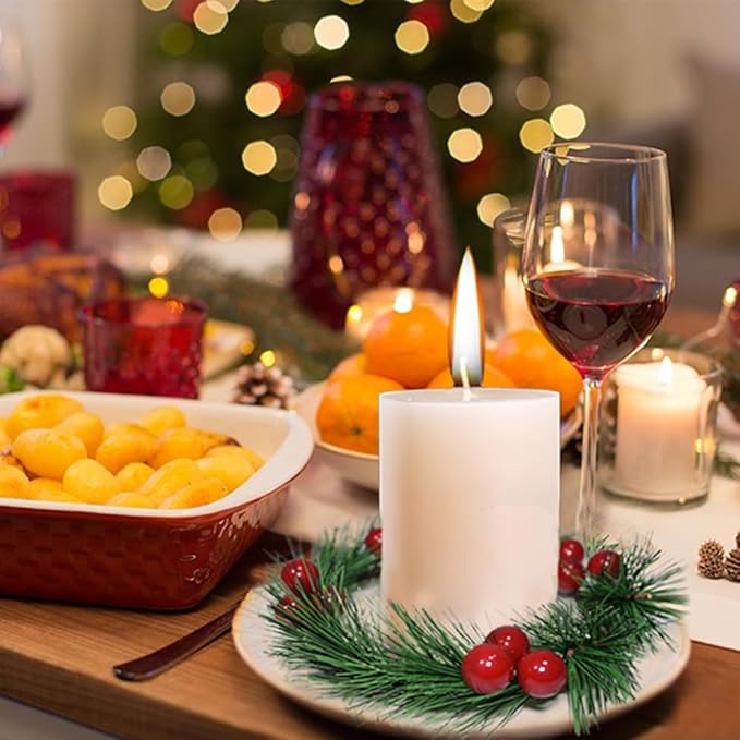 4pcs Christmas Candle Rings Wreaths Artificial Red Berries Greenery Pine Needles Garland Wreaths Candle Rings Holder for Wedding Table Centerpiece Home Dinner Table Decor