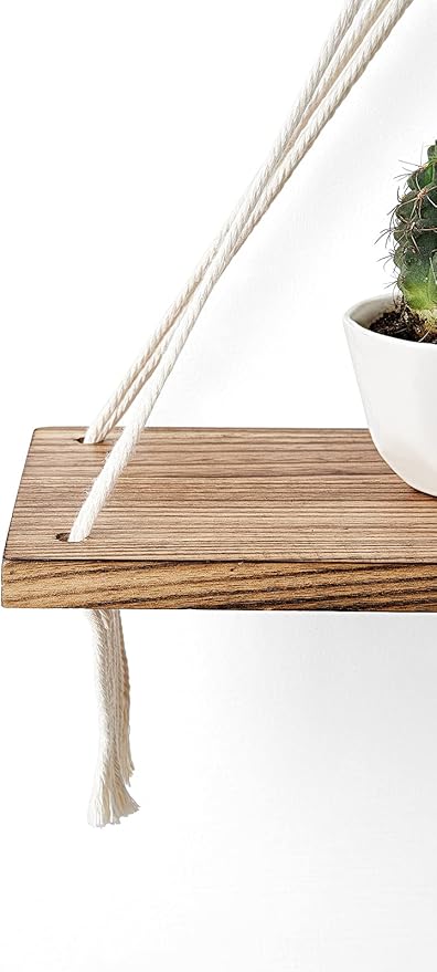 Mkono Macrame Hanging Shelves Boho Wall Decor Set of 2 Rustic Wood Floating Storage Shelf for Bedroom Bathroom Living Room Nursery Dorm Room, Display Shelving for Hanging Plants Photos