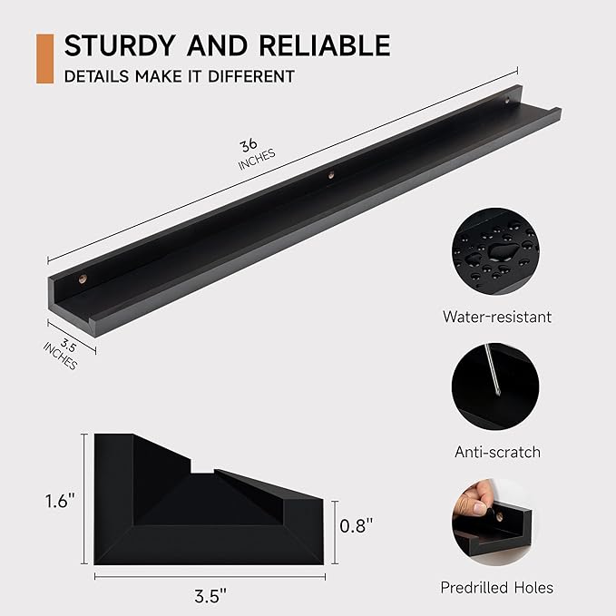 Picture Ledge Shelf for Wall, Floating Shelves Set of 4, 36 Inch Long Nursery Book Shelves for Toys Storage, Kids Bookshelf Wall Mounted for Books Photo Frames, Black