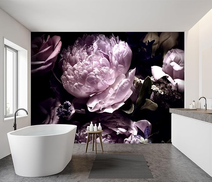 '-Black Peony Purple Floral Botanical Fabric Wallpaper Living Room Bedroom Bathroom Dark Flowers Large Wall Mural- 183"x120"（ not Peel and Stick）