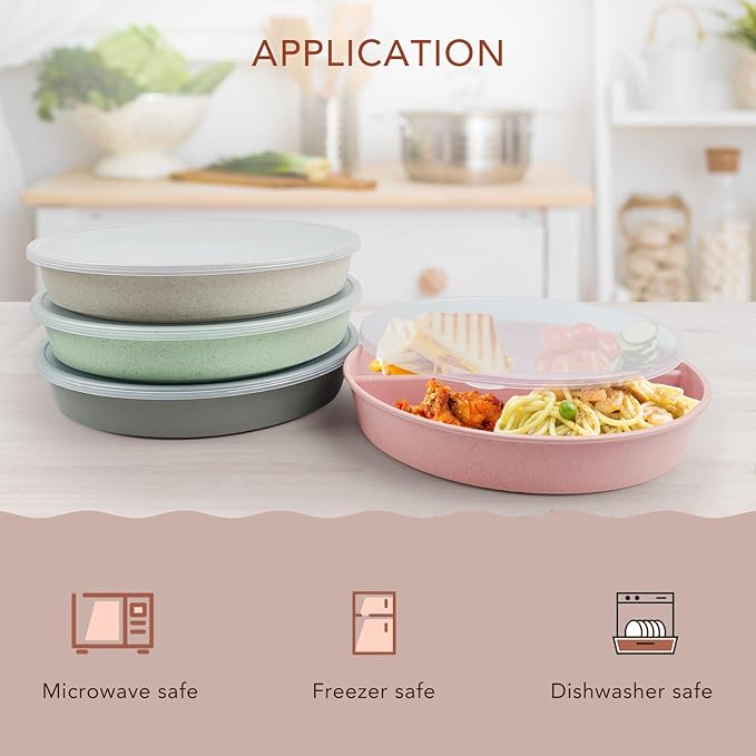 greenandlife 9 Inch 4PCS Divided Plates with Lids, Portion Control Plates for Kids Adults, Dishwasher Microwave Safe Compartment Plate, Unbreakable Lightweight Reusable Wheat Straw Plate Set, INS