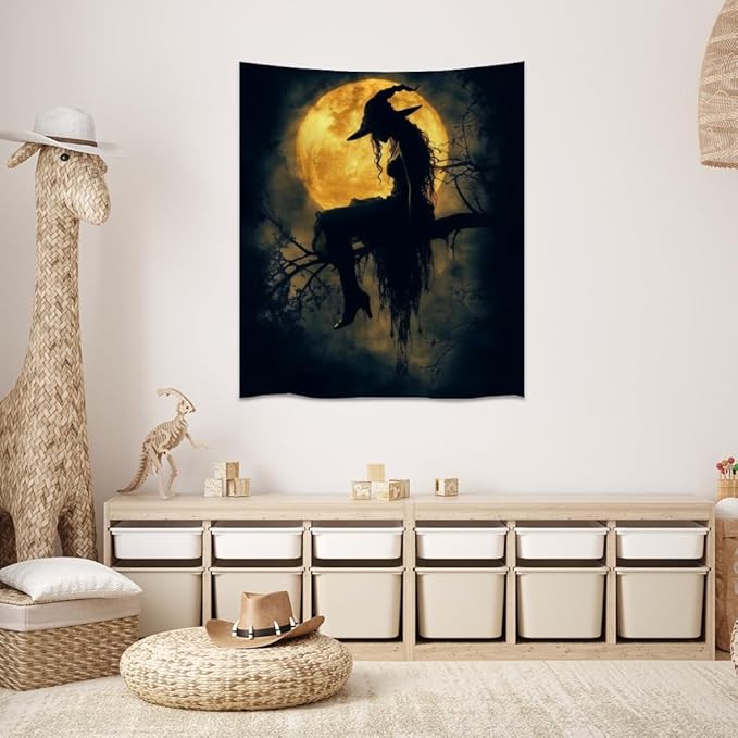 Halloween Witch Tapestry Wall Art Witchcore Moon Aesthetic Print Dark Academia Gothic Tapestries Wall Hanging Horror Ghost Halloween Party Decor for Home Living Room Bedroom 40x60inch