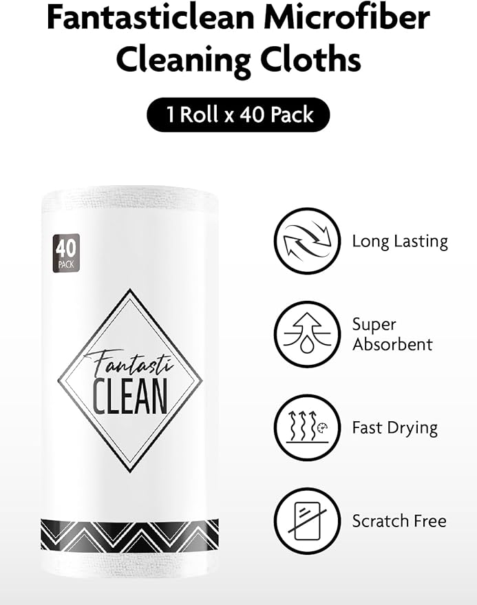 Fantasticlean Microfiber Cleaning Cloth Roll -40 Pack, Tear Away Microfiber Towels, 12" x 12", Reusable, Washable, Scratch Free, Ultra Absorbent Dish Rags for Car, Home, Garage or Shop (White)