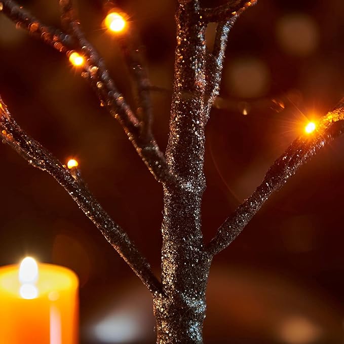 Fudios Black Halloween Tree with Lights 24 LED Orange with Timer, Lighted Tabletop Glittered Spooky Tree Artificial 18in for Witch Home Decor Battery Operated or USB Plug