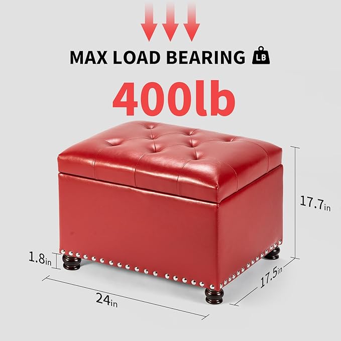 Joveco Leather Storage Ottoman, 24" Rectangle Square Bench Foot Rest Stool for Bedroom Living Room, Red