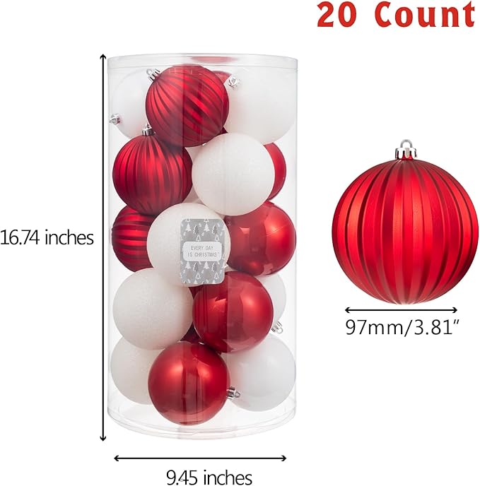 Every Day is Christmas 20ct Christmas Ornaments, Shatterproof Christmas Tree Ornaments Set, 92cm/3.6" Christmas Balls Decoration