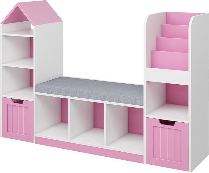 Toy Storage Organizer for Kids Bookshelf with Reading Nook, Multifunctional Kids Bookcase with 7 Storage Cubbies, 2 Movable Drawers and Seat Cushion for Keeping Kids' Toys Books Organized, Pink