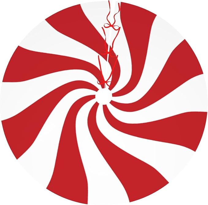 48" Large Christmas Tree Skirt, Red and White Peppermint Candy Round Pattern Tree Mat Base Cover for Xmas Festive Holiday Party Decoration Ornaments