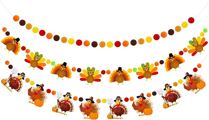Doumeny 3Pcs Fall Thanksgiving Felt Banner Thankful Felt Turkey Bunting Garland Happy Thanksgiving Hanging Garland Give Thanks Party Banner Pompom Ball Bunting with Turkey for Home Fireplace Decor