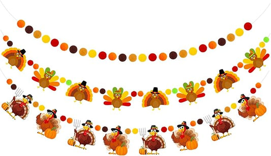 Doumeny 3Pcs Fall Thanksgiving Felt Banner Thankful Felt Turkey Bunting Garland Happy Thanksgiving Hanging Garland Give Thanks Party Banner Pompom Ball Bunting with Turkey for Home Fireplace Decor