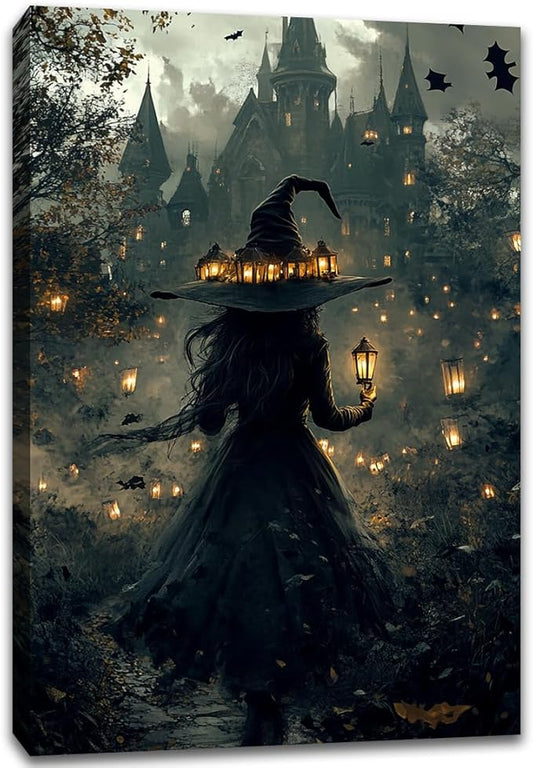 Halloween Witch and Haunted House Canvas Wall Art,Dark Academia Scary Witch Castle Posters Prints,Thriller Horror Gothic Wall Decor Pictures for Halloween Party House Decoration,20"x30" Framed