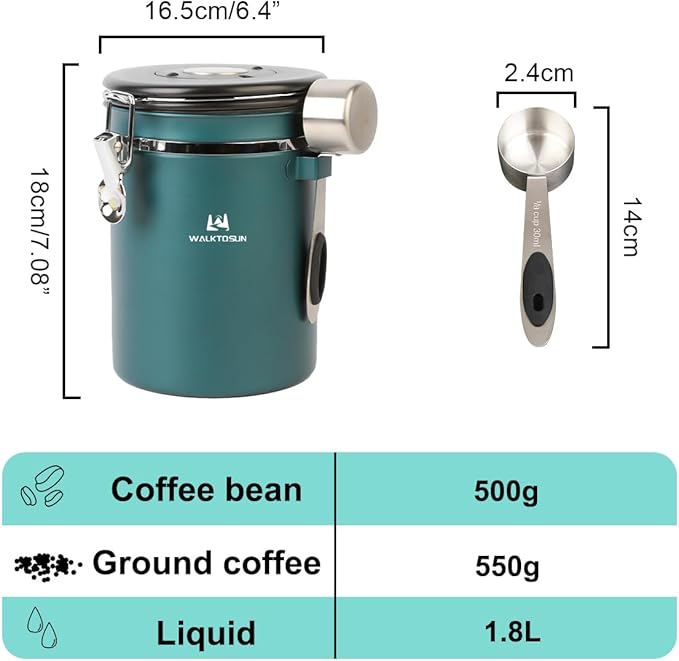 Coffee Canister Airtight Storage Container Stainless Steel Air Tight Coffee Jar with Scoop, Date Tracker CO2 Release Valve for Dry Food, Beans, Ground, Tea, Flour, Cereal and Sugar (1.8L,Green,2Pcs)
