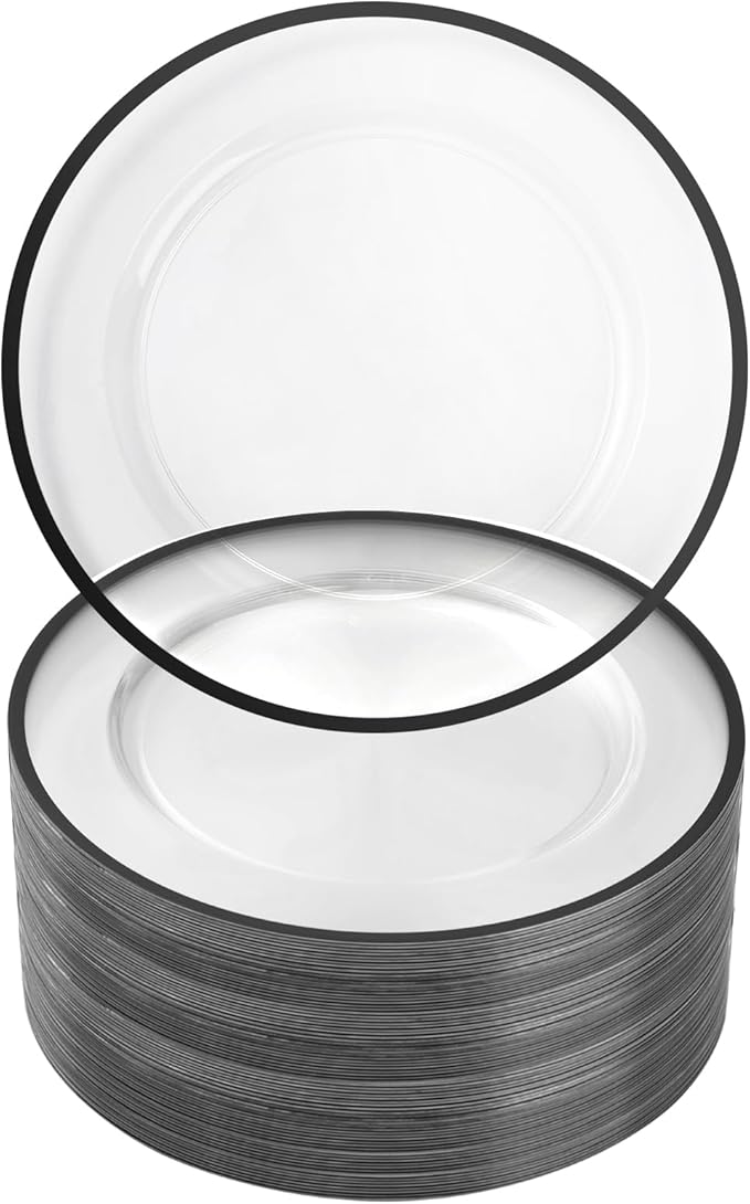 Goodluck 12 Inch Disposable Charger Plates Plastic, 100 Pack Plastic Clear Charger with Black Rim for Dinner, Wedding, Party
