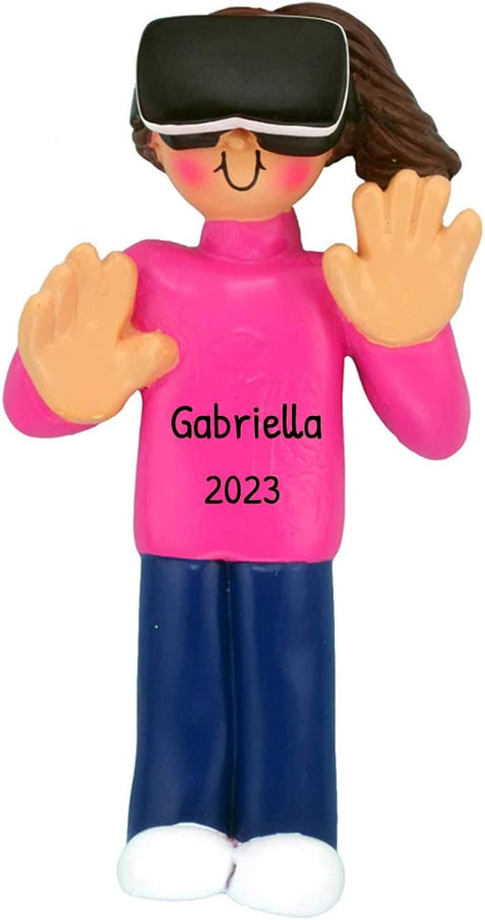 Elves Personalized Video Game Ornaments 2024 - Brunette Girls Gamer Ornaments for Christmas Tree