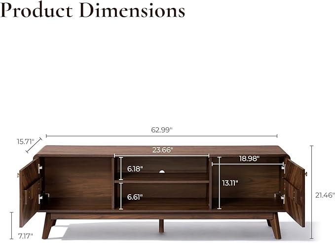 LuxenHome Mid Century Modern TV Stand, 63" TV Stands for Living Room for TVs up to 65", Entertainment Center with Storage, Wood TV Console with Tapered Legs, Television Stands