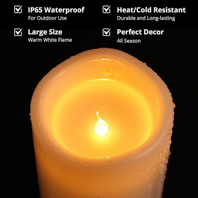 NURADA Large Outdoor Flameless Candles 6" 8" 10" x 5" - Waterproof LED Pillar Flickering Candle Battery Operated with Timer Remote for Patio Porch Lanterns - Ivory White Set of 3