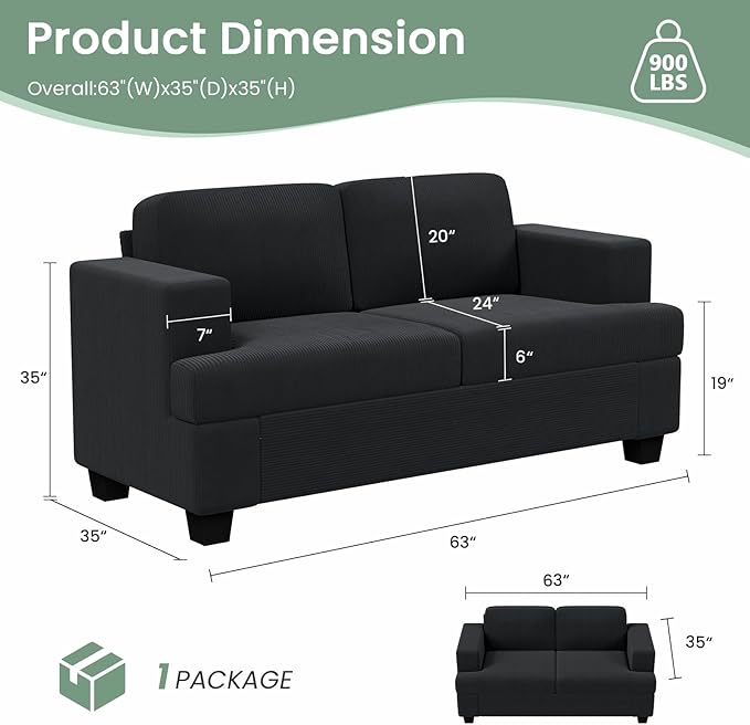 63” Corduroy Loveseat Sofa Couch for Living Room, Small Couch with Deep Seat for Bedroom, Comfy Could Loveseat for Small Living Room, Black Corduroy