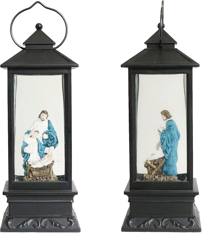 Eldnacele Battery Operated Plug-in Musical Lighted Christmas Water Snowing Glittering Snow Globe Lantern with Timer Christians Nativity Lantern Decor, Holy Family