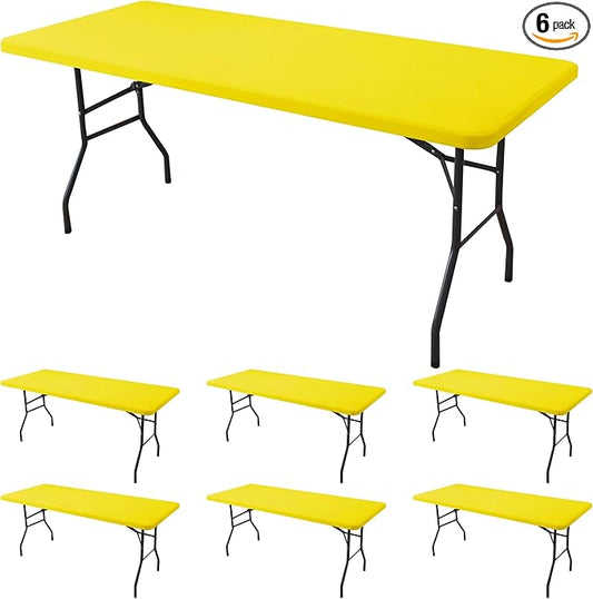 Fitted Tablecloth for 6 Foot Rectangle Tables-6 Pack Yellow Elastic Outdoor Picnic Table Cover-Spandex Stretch Folding Table Cloths 6 ft for Camping Dining Room Patio Kitchen Banquet Party