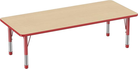 FDP Rectangle Activity School and Classroom Kids Table (30 x 72 inch), Chunky Toddler Leg, Adjustable Height 15-24 inches - Maple Top and Red Edge