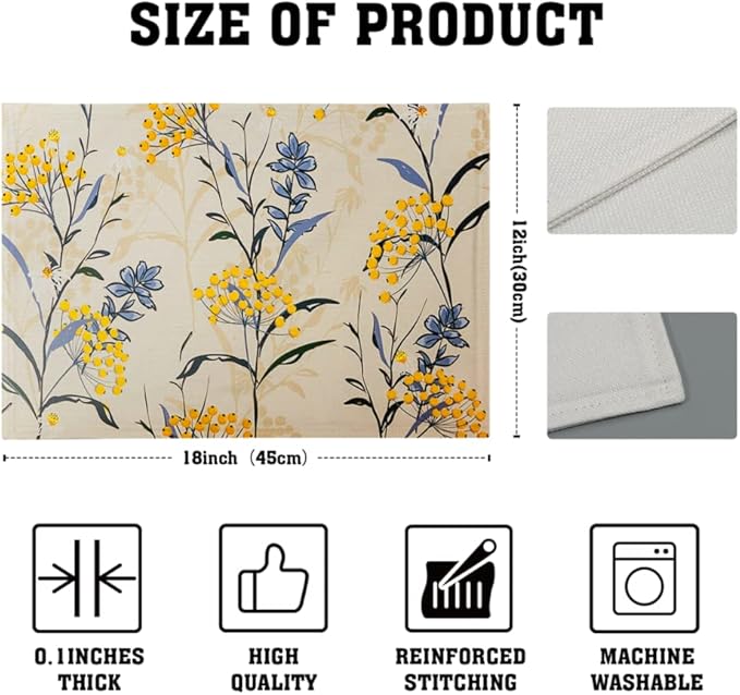 Floral Placemats Set of 4 Vintage Floral Summer Flowers Yellow Placemats for Kitchen Table Linen Placemats Washable Non-Slip Heat Resistant Place Mats for Party Kitchen Dining Decorations 18x12 Inch