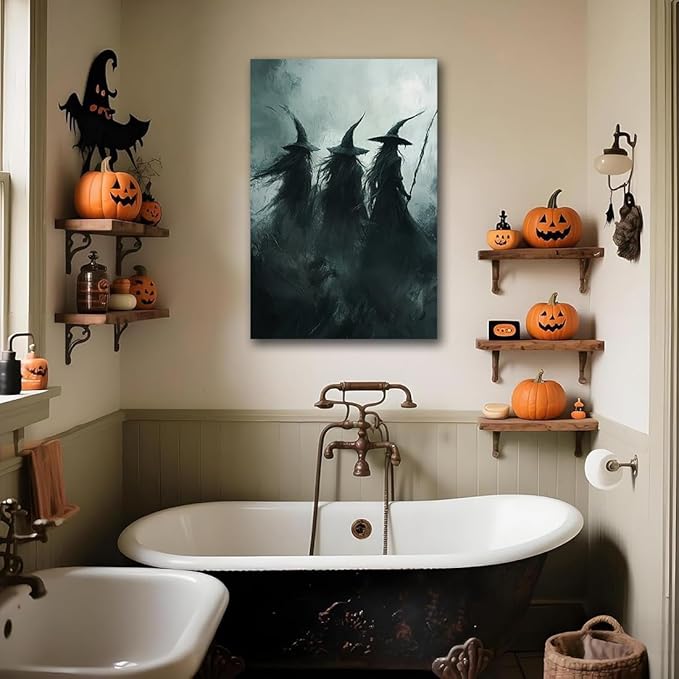 Gothic Witchs Horror Halloween Wall Art,Three Witches in Moody Forest Painting Wall Decor,Autumn Spooky Witches Forest Canvas Printing For Gallery Living Room Bedroom,24"x36" Unframed