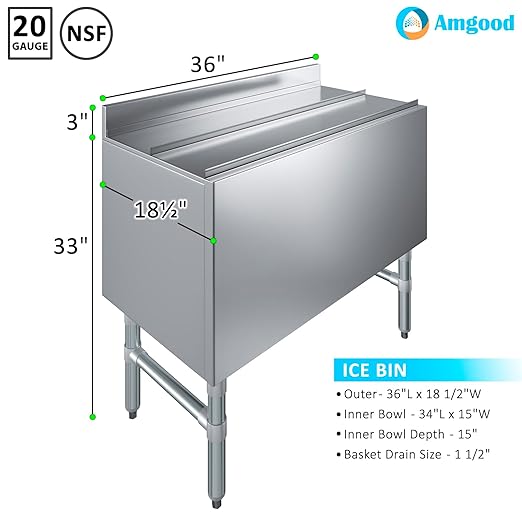 AmGood 18.5 in. x 36 in. Underbar Ice Bin with Sliding Lid | NSF | Stainless Steel Ice Chest with Sliding Lid