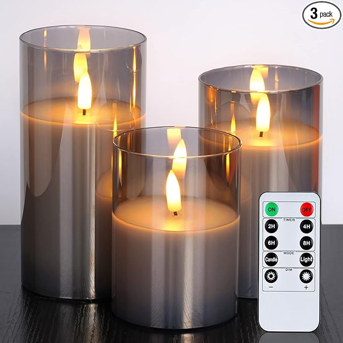 Amagic Grey Glass Flameless Candles, Halloween Battery Operated Candles, LED Pillar Candles with Remote Control and Timer, Electric Fake Candles for Holiday Spooky Decor, Wax, D3 H4 5" 6", Set of 3
