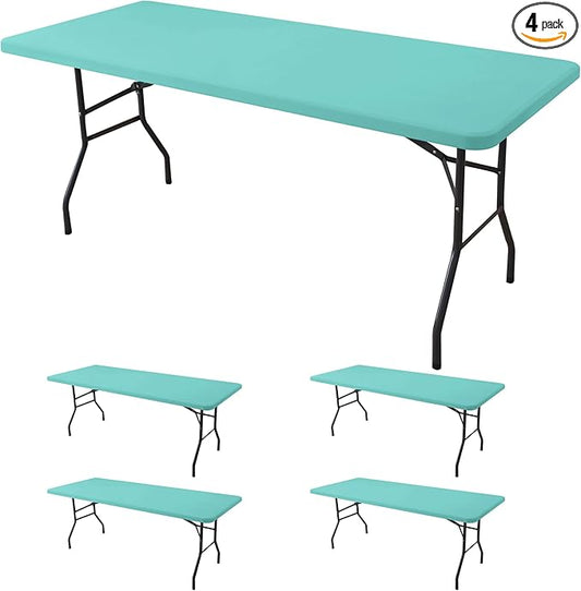 Fitted Tablecloth for 8 foot Rectangle Tables-4 Pack Aqua Blue Elastic Outdoor Picnic Table Cover-Spandex Stretch Folding Table Cloths 8ft for Camping Dining Room Patio Kitchen Banquet Party