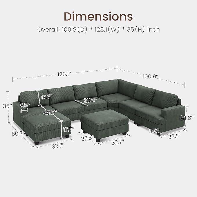 Nolany Sectional Sofa with Storage Ottoman, Corduroy Modular Sectional Couch, U Shape Sectional Couches for Living Room, Green