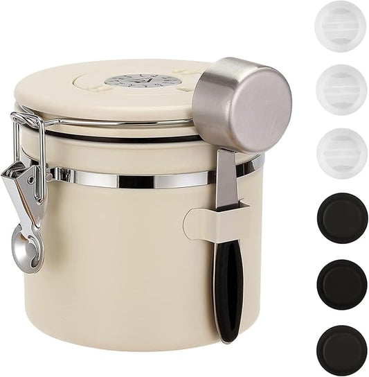 ShanSon Coffee Canister Airtight Coffee Container Stainless Steel Coffee Bean Storage Container with Scoop Coffee Canister for Beans Grounds Sugar Flour Tea Cereal,11OZ, Beige