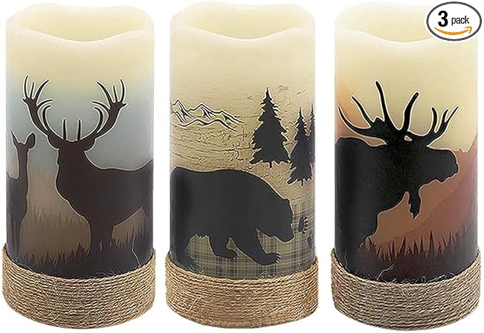 GenSwin Battery Operated Flameless Led Candles Flickering with Hemp Rope and 6H Timer, Real Wax Pillar Candles Warm Light with Deer, Moose, Bear Decals Decor Christmas Home(Pack of 3, D3 x H6)