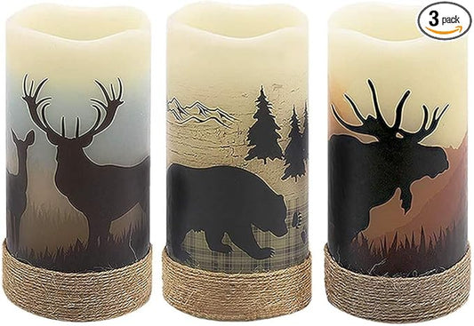 GenSwin Battery Operated Flameless Led Candles Flickering with Hemp Rope and 6H Timer, Real Wax Pillar Candles Warm Light with Deer, Moose, Bear Decals Decor Christmas Home(Pack of 3, D3 x H6)