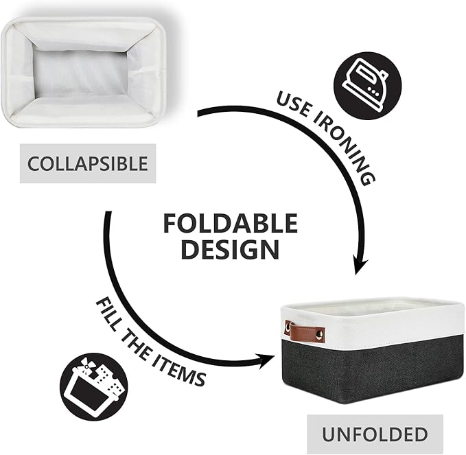DULLEMELO Small Storage Baskets 6 Pack, Fabric Collapsible Gift Storage Baskets for Shelves, Closets, Nursery, Home, Office Organizing,Small Canvas Linen Rectangular Storage Bins (White&Black)