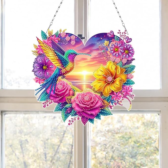 Flowers Hummingbird Diamond Art Kits,5D Diamond Hanging Ornament Kits,DIY Special Shaped Diamond Dot Kits,Home Porch Crystal Hanging Pendant Ornament (Colorful2)